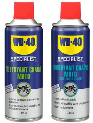 WD-40 SPECIALIST Moto • Kit Chaîne Moto On Road • 1 Nettoyant Chaîne 400 ml • 1 Lubrifiant Chaîne 400 ml