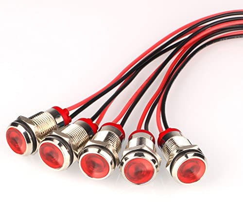 Gebildet 5Stück 82-maliges Blinken/Min Rot 12mm AC/DC 12-24V Blinkende LED Metall Kontrollleuchte Wasserdichte Signallampe mit Kabel, Rotes Blinklicht für Warnung und Anzeige