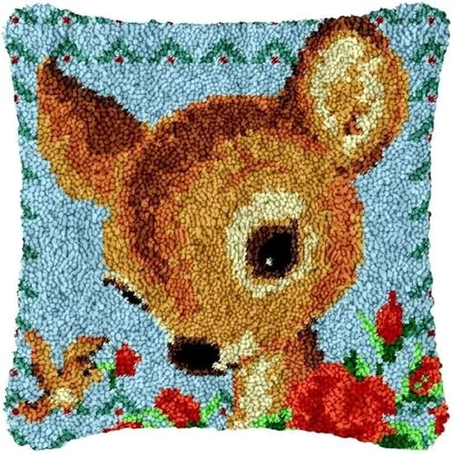 ROCKY&CHAO Knüpfteppich Zum Selber Knüpf-Sets mit Kissen knüpfen-Set 43x43cm Kissenbezug-Set für Erwachsene und Kinder Latch Hook Kit Heimaccessoire(Sika Rotwild)
