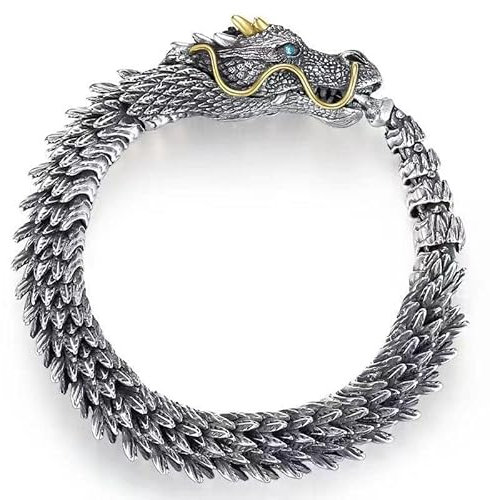 Silbernes handgefertigtes Drachenkettenarmband,Armband mit Drachen,Vintage Silber Chinesischer Drachen Armband,Herren Sterling Silber Handmade Drachenform Manschettenarmband,Gotisch Armreif (22cm)