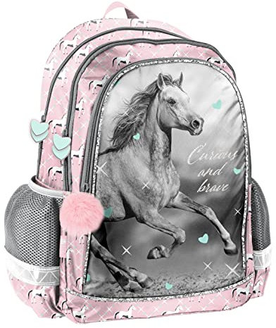 Pferde Fan Rucksack Kinderrucksack für Jungen und Mädchen (23KO) mit DREI größen Fächern und seitlichen Getränkenetzen, 42 x 30 x 18 cm, rosa/grau
