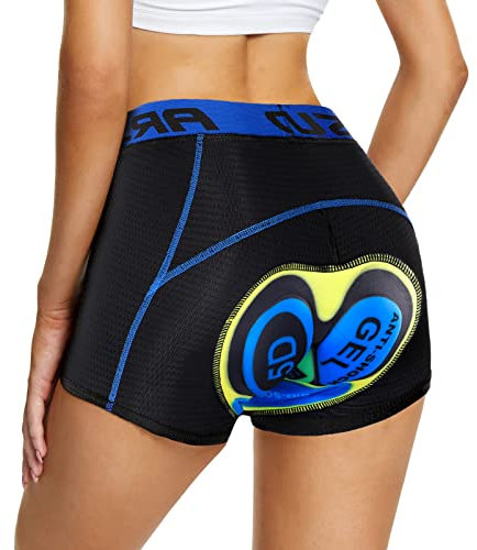SECXEO Short Cycliste Femme Rembourré Gel 5D Respirant Antichoc Short Velo VTT Gel Séchage Rapide Short Cyclisme sous-Vêtements de Cyclisme(Size:M,Color:Bleu Jaune)