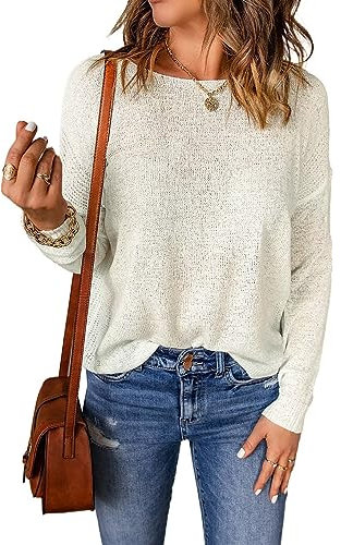 Aleumdr Women Solid Jumpers Women's O Neck Long Sleeve Knitted Sweater Lightweight Loose Ladies Pullover Knit Top for Women A White M