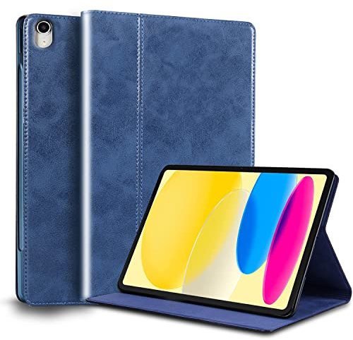 Gexmil Custodia per iPad 10.9 Pollici Case,10a Generazione(2022) Custodia in Pelle Vera con Sospensione e Accensione Automatica,Supporto Regolabile,Anti-impronte,Blu di Cera d'olio