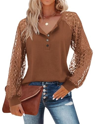 Beluring Tee Shirts for Women Long Sleeve Henley Neck T-Shirts Loose Fit Top, Brown Size 12 14