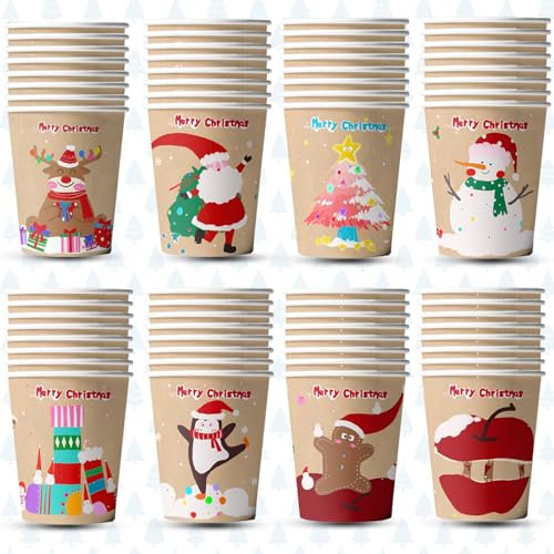 HENILEW Weihnachtliche Einweg-Pappbecher für heiße Schokolade, Kaffee, festliche Trinkgeschirr, Weihnachten, Teetassen, Urlaub, Party, Schneemann, Weihnachtsbaum, heißer Kakao, Trinkbecher,