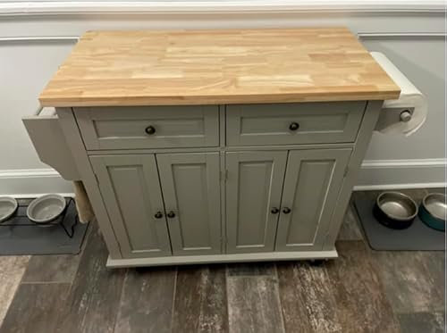 Kitchen Island Unit Large Rustic Wooden Butchers Block Trolley Breakfast Bar Dining Table Storage Drawer Cabinet Grey Door Cupboard Utility Serving Cart