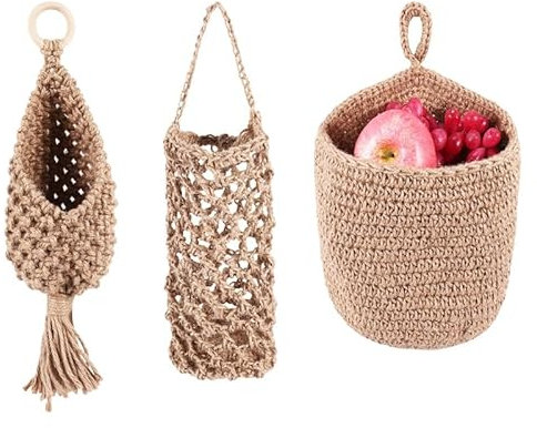 Povxlum 3pcs Hanging Wall Baskets Holder Woven Wall Mounted Vegetable Fruit Storage Baskets Wall Decor for Kitchen Storage, Living Room, Porch