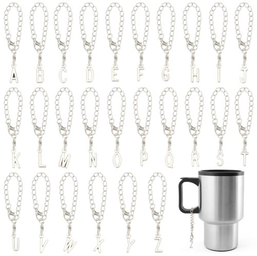WEBEEDY 26 Alphabet Letters Water Bottle Charms for Wine Glasses Common Cups with Handle, Initial Charm Marker Tag for Office Home Birthday Parties, Silver