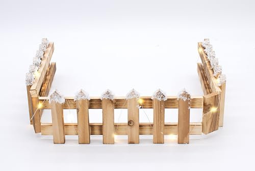 Spetebo Holz Dekozaun mit 15 LED in warm weiß - 90 x 10 cm - Mini Gartenzaun mit Kunstschnee - Tischdeko Winter Gatter Weihnachtsdeko beleuchtet Batterie betrieben mit Timer