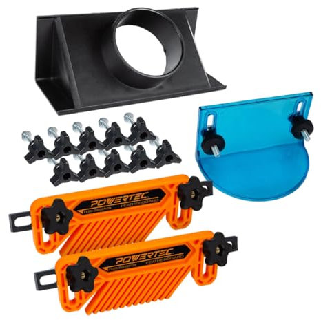 POWERTEC 71914 Full Size Router Bit Guard with 2.5 ID Router Table Dust Port & 2-PC Router Fence/Table Featherboards, and 1/4-20 T-Track Hex Bolt/Washer/Knob Kit