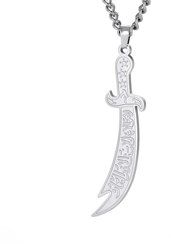 TEAMER Edelstahl Zulfiqar Schwert Halskette Arabische Kalligraphie Zulfiqar Schlüsselanhänger Amulett Islamischer Muslimischer Schmuck Für Frauen Männer (Zulfiqar Schwert Halskette - Silber)