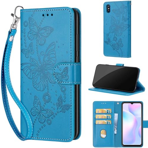 TOMYOU Handyhülle für Xiaomi Redmi 9A Hülle, Blau | Stoßfeste Flip Schutzhülle, Kartenfächer, Standfunktion,Magnetisch, Kunstleder, Klappbar Brieftasche