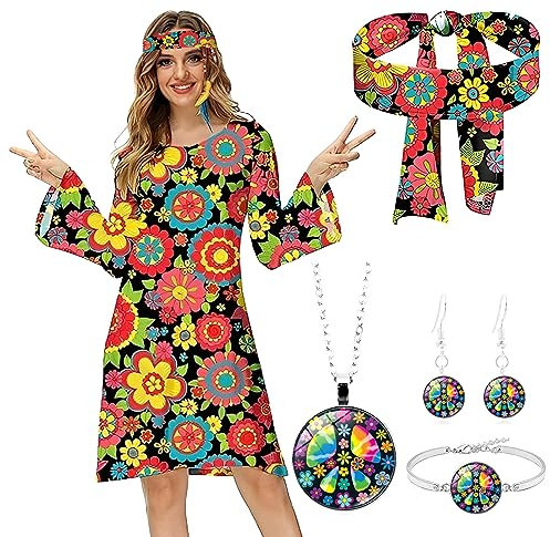 Antsparty Hippie Kostüm für Damen & Mädchen, 60er/70er Disco Kleider, Retro Faschingskostüm für Karneval & Party