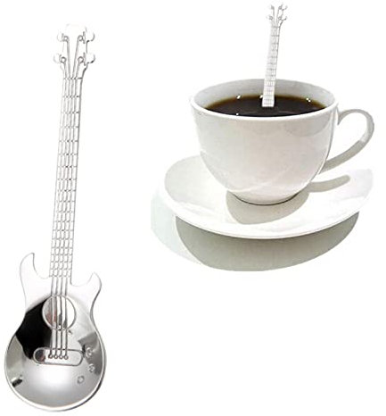 Aunaeyw Guitar Spoons Coffee Teaspoon 304 Stainless Steel Musical Coffee Gifts Colorful Dessert Spoon Demitasse Tea Scoop for Stirring Drink Gifts (Sliver, 12cm*3.2cm)
