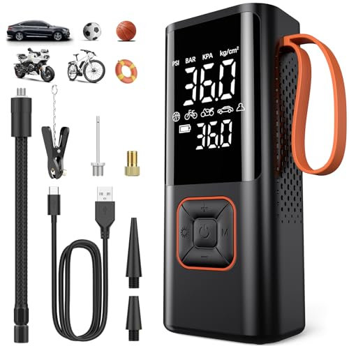 Inflador Ruedas Coche 7500 mAh, Compresor Aire Coche Portatil 5 Modos, Inflador Eléctrico Batería Recargable con luz LED, Manómetro, Apagado Automático para Coche, Moto, Bicicleta, Anillo de Natación