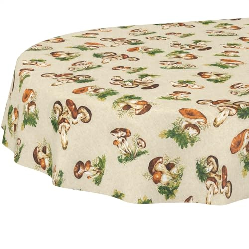 Tischdecke Stoff abwaschbar Tischtuch Tafeldecke pflegeleicht Lotuseffekt schmutz- & wasserabweisend für Indoor Outdoor Tischdecke Oval 220x140cm Schnittkante Pilze
