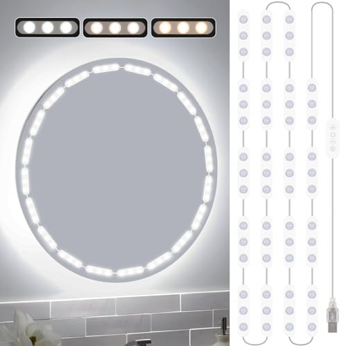 LED-Schminkleuchten für Spiegel, Make-up-Streifen, 4,8 m, 3000 K, 4000 K, 6000 K & 10 Helligkeitsstufen, verstellbar, USB-Kabel, Hollywood-Spiegelleuchten zum Aufkleben für Make-up, Ankleidezimmer,