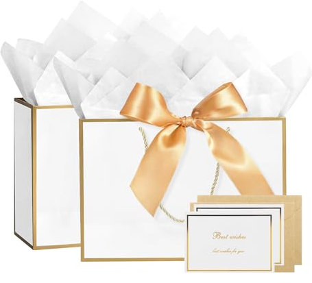 2 Stück Geschenktaschen mit Henkel, Elegant Geburtstag Papiertüte mit Schleife, Papiertüten mit Schleifenbändern/Seidenpapier/Grußkarte/Umschlag, Geschenk Tüten für Hochzeit Party (Weiß)