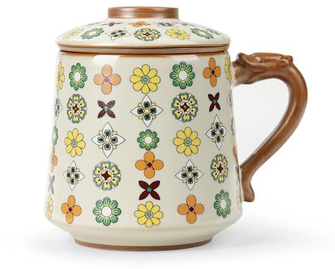 fanquare Ceramic Tea Cup with Infuser and Lid, Colorful Flowers Chinese Tea Mugs, Large Tea Steeping Mug for Loose Leaf 450ml