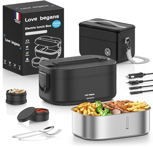 Love begans Gamelle Chauffante 100 W Lunch Box Chauffante Electrique, 1,5 L Gamelle Chauffante Allume Cigare, 12 V/24 V/220 V Gamelle Isotherme pour Boite Repas Chaud pour Voiture Camion Bureau, Noir