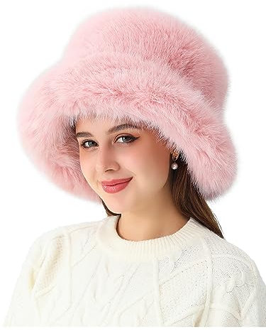 sy soul young Damen Winter Kunstpelz Plüsch Bucket Hat Wintermütze Fischerhüte Hut Pelz Warme Fischer Cap(Rosa)