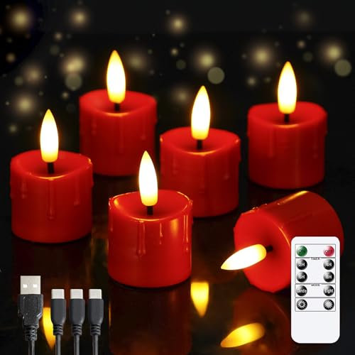 Yeelida Wiederaufladbare Flammenlose 4cm x6.5cm LED Kerzen mit Fernbedienung & Typ-C Ladekabel, Timerfunktion Flackerndes Burgunderrot Plastik Packung mit 6 kleinen Kerzen
