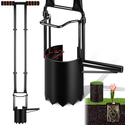 Outil de plantation à bulbes à long manche, base dentelée améliorée, transplanteur de bulbes de jardinage avec prise en main douce, double manche robuste pour creuser des trous pour planter des