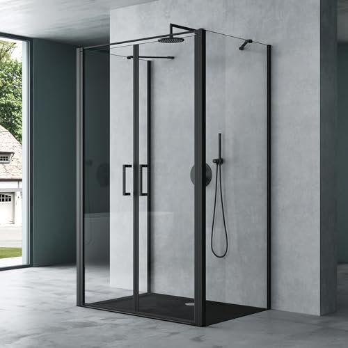 Mai & Mai Duschkabine U-Form Duschabtrennung 90x140 Duschkabine Aluminiumrahmen mit Duschtasse ESG-Sicherheitsglas Klarglas Doppeltüre Schwarz Ravenna66UK