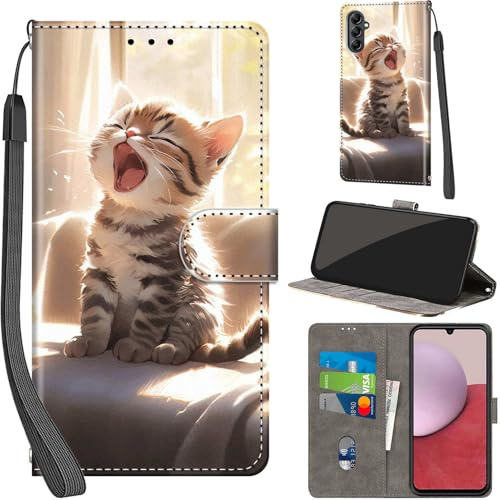 Handyhülle für Samsung Galaxy A14 4G/5G Klapphülle Leder Wallet Katze | 3 Kartenfächer & 1 Geldfach, Magnetverschluss, Ständerfunktion, robuste premium PU leder klapphülle für Samsung A14
