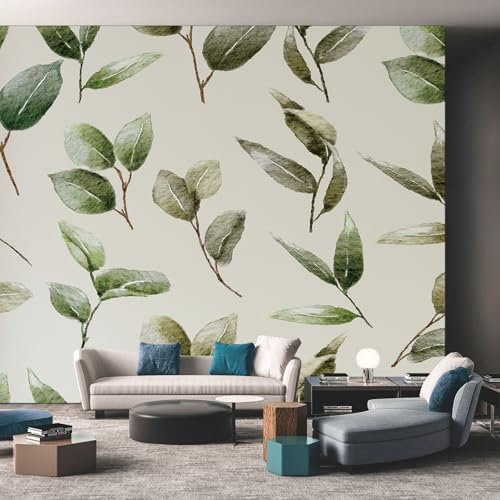 Beige Green Wallpaper, Nature Botanical Leaf Wallpaper for Living Room, Bedroom, Non-Woven Decor Wall Paper, Photo Wallpaper Mural Dining Room, Hallway, Lounge, 200 X 140 cm