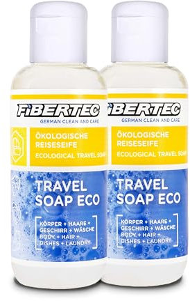 FIBERTEC Travel Soap Eco 2 x 100ml - 3-in-1 Reise-Seife flüssig, Körperpflege, Waschmittel & Geschirrspülmittel in einer Universal-Lösung, Biologisch abbaubar, Made in Germany