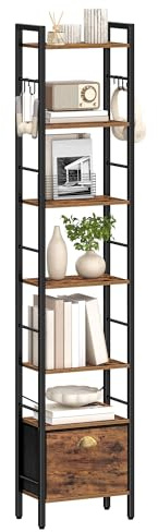 Hzuaneri Regal 7-Fach m Schublade, Haken, 24 x 40 x 198,8 cm, Vintagebraun | Bücherregal, offenes Regal, Metallrahmen, klappbare Stoffschublade, Haken, für Arbeitszimmer Wohnzimmer, BC40701B