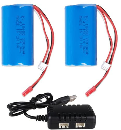 2PCS 7.4V 2000mAh 15C 2S Li-ion Battery with JST Plug & USB Charging Cable, Rechargeable RC Battery Pack for RC Helicopter Drone Car Truck and RC Boats Airsoft Water Ball Blaster