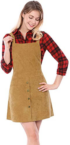 Allegra K Women's Corduroy Button Front A-Line Bib Overall Pinafore Dress Brown M