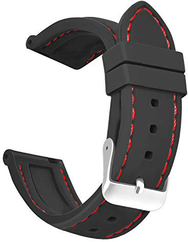 OLLREAR Unisex Silikon Uhrenarmbänder Gebürstete Edelstahl Silber Schnalle 20mm Schwarz Rot Ersatzarmbänder für Herren Damen Wasserdichte weiche Gummi-Ersatzriemen
