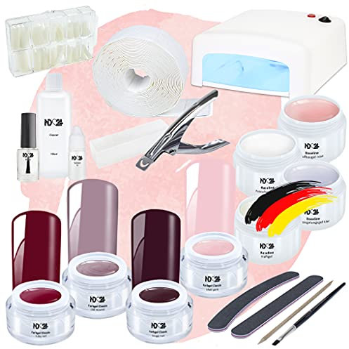 ND24 NailDesign – Gelnägel Starter Set Premium mit UV Haftgel, Aufbaugel, Frenchgel, Versiegelungsgel, UV-Lampe & Zubehör + Amarena Cherry Gele – für Anfänger geeignet – Gele Made in Germany & vegan