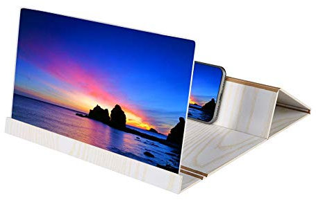 Garsent Handy Bildschirmlupe, Faltbare 12 Zoll HD Smartphone 3D Film Video Bildschirm Verstärker mit Handy Ständer, Holzmaserung(Weiß)