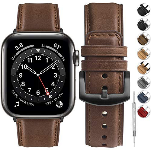 Fullmosa Cinturino per Apple Watch 42mm 44mm 45mm 46mm 49mm, Yola Cinturini in Vera Pelle Compatibile con Apple Watch Serie 10 9 8 7 6 5 4 3 2 1 SE Ultra, Marrone Scuro + Hardware Grigio Fumé