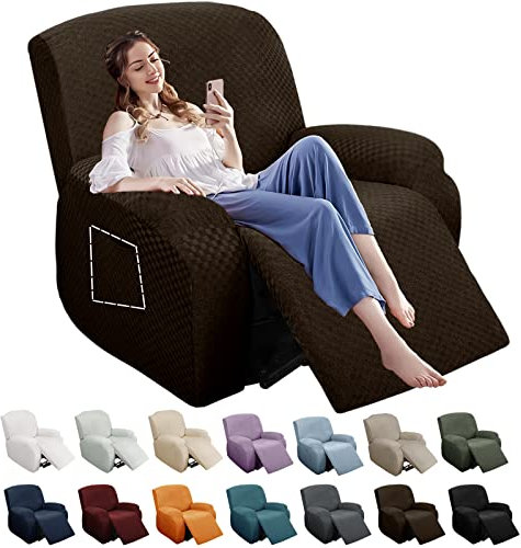 YEMYHOM 4 fundas elásticas para sillón reclinable de jacquard con bolsillo lateral, antideslizante, protector de muebles con parte inferior elástica (reclinable, café oscuro)
