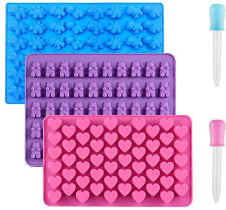 3 Stück Silikon-Schokoladenformen, wiederverwendbare Süßigkeiten-Backform, Eiswürfelformen mit 2 Tropfern, Antihaft-Silikonformen, einschließlich Gummibärchen, Herz, Dinosaurierform