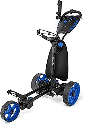 SereneLife 3-Wheel Electric Golf Push Cart - Rechargeable Lightweight Folding Walking Push Cart Roller Golf Bag Holder w/Foot Brake, Upper/Lower Bracket w/Elastic Strap, Umbrella Holder SLGZELEC