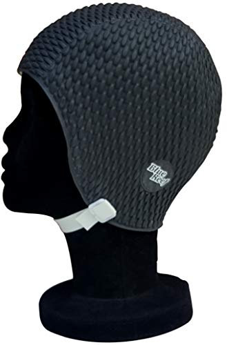 Blue Reef Gorro de natación con efecto de granulado de burbujas en tonos oscuros, color liso, clásico, retro, discreto, para adultos, con correa ajustable, color negro