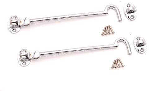 Pack of 2, 8 (200mm) Heavy Duty Brass Cabin Hook & Eye Silent Catch/Latch/Holder/Back Gate/Shed/Patio Door in Various Finishes (Polished Chrome)