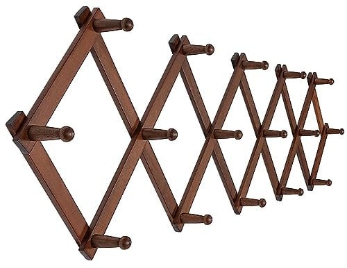 SKOLOO Accordion Wall Hanger, Expandable Coat Rack Wall Mounted, Solid Wooden Wall Hat Rack, 16 Peg, Walnut