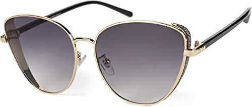 styleBREAKER Occhiali da sole in stile Cat Eye da donna con decorazioni glitter sulle lenti, montatura in metallo, forma a occhio di gatto 09020104, colore:Montatura oro/vetro grigio sfumatura