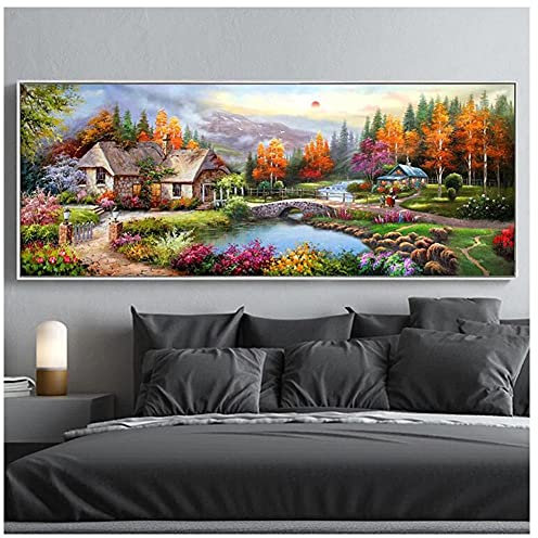 Moxiaa Diamant Painting Bilder Full Groß Hausbrücke Tree River 5d Diamond Painting Set DIY Diamant Malerei Kits Strass Kreuzstich Stickerei Arts Craft Leinwand für Home Wall Décor Geschenk 60x120cm