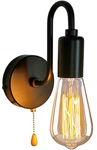 Vintage Indoor Wall Lights with Switch, Loft Metal Retro Wall Lamp Industrial E27 Wall Sconce with Pull Cord Switch, Brass Head Wall Lighting Fixture for Bar Restaurants Coffee Living Room Bedroom