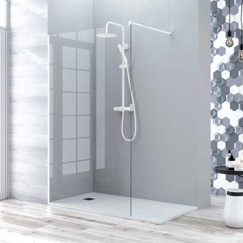 Mampara de Ducha Fijo Frontal | Panel Pantalla Fijo Ducha de Vidrio Templado de 8mm | Tratamiento Antical y Altura de 195cm | Transparente Blanco Mate 80cm