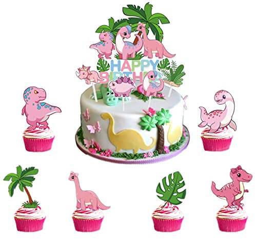 Pink Dinosaur Cake Toppers - 11P Happy Birthday Decorations for Girls & Boys, Jungle Dinosaur Party Supplies